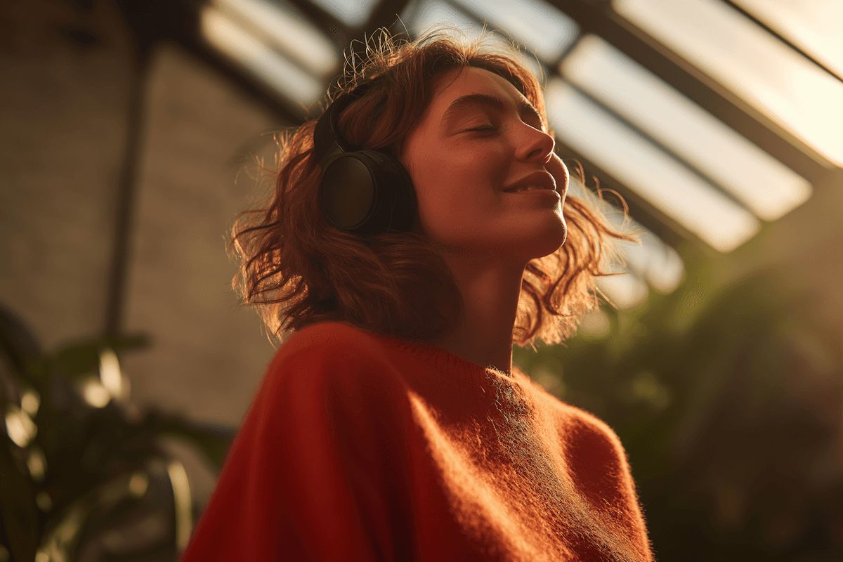 Mulher de olhos fechados, sorrindo sob a luz do sol em uma estufa